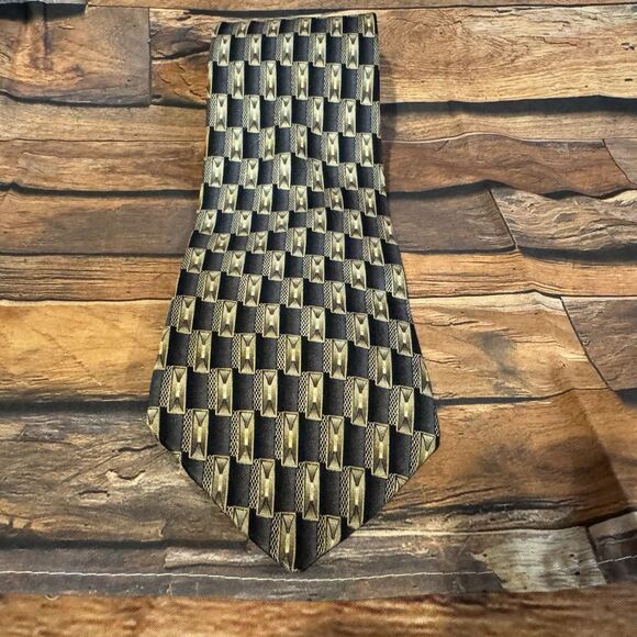 Valant Neckwear Mens 100% Silk Geometric Pattern Tie Necktie Black Gold Brown - Picture 1 of 6